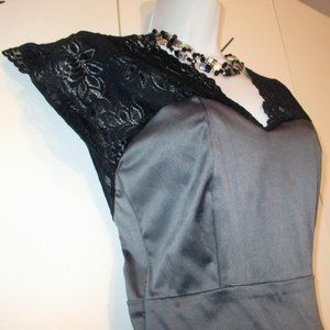 MY STORY Grey Satin/Black Lace Mini SZ SMALL BACK LESS DRESS